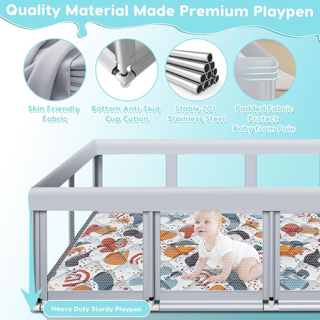 Large Baby Playpen 74"x50" with Mat Play Pens for Babies and Toddlers, Large Play Yards for Indoor & Outdoor with Zipper Gates (Grey)