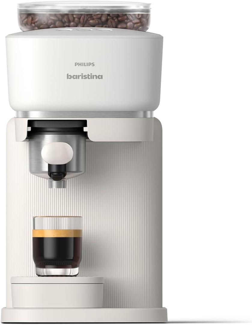 Philips Baristina Espresso Machine - Real espresso, made simple. Compact coffee machine, natural white with white portafilter, 16 bar pump pressure, automatic grinder, Cafe Crema (BAR300/00)