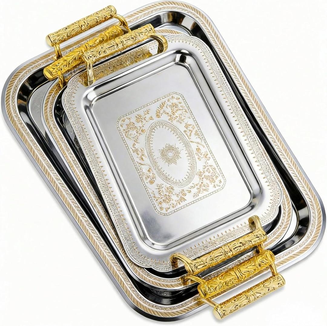 3 Pack Stainless Steel Serving Tray with Gold Handle Silver Metal Plate Platter Coffee Tea Serving Tray Floral Table Platter for Buffet Wedding Party Jewelry(Rectangle)