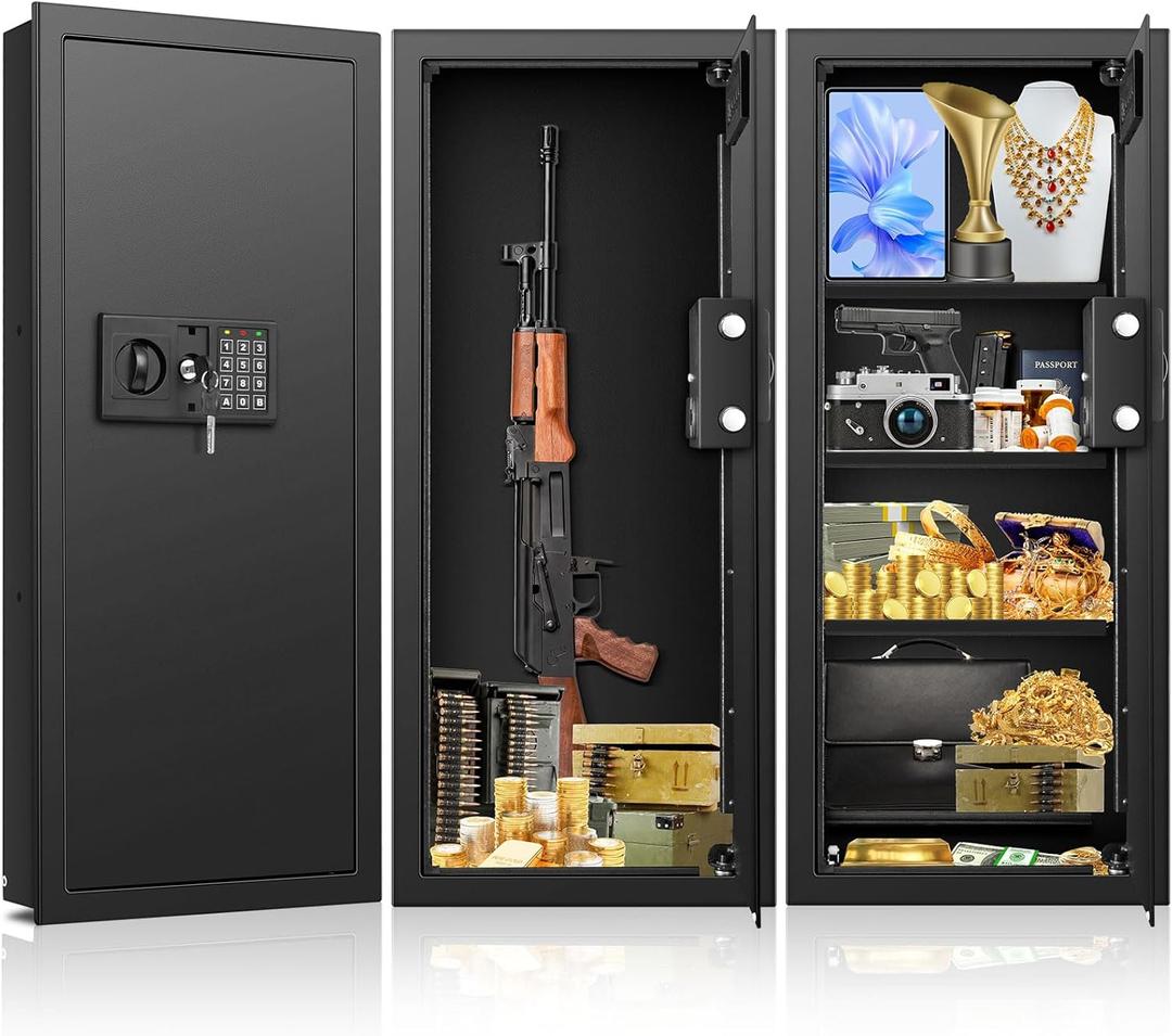 33.46" Tall Fireproof Wall Safes Between the Studs 16" Centers, Heavy Duty Combination Lock in Wall Safe with 3 Removable Shelf, Hidden Safe for Money, Jewelry, Document, Passport (Black)