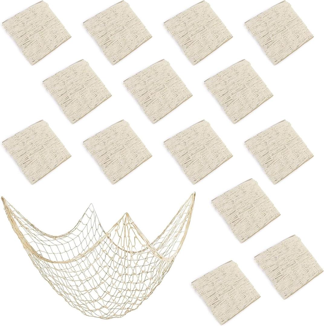 14 Pack 80 x 40 in Natural Cotton Fishnet Decoration Wall Hanging Fishing Net Decor Underwater, Mermaid, Pirate, Hawaiian, Nautical Ocean Theme Beach Bash Party Decorations, Beige