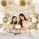 White and Gold Birthday Decorations for Women Girls, Gold White Sand Confetti Metallic Printed Balloon Butterfly Sticker Fringe Curtain Happy Birthday Banner Heart Garland Paper Pompom Party Supplies