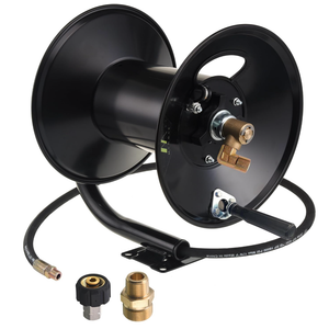 M MINGLE High Pressure Washer Hose Reel 150ft, Heavy Duty Steel Hose Reel, Manual Crank Power Washer Hose Reel with 3/8" Pressure Wash Whip Hose, Swivel Arm and Mounting Bracket, 4000 PSI