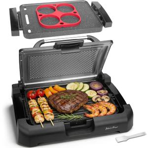Bakers Friend Indoor Searing Grill & Griddle, Electric Griddle with 2 in 1 Indoor Grill and Griddle Plate Indoor Grill with Removable Plate & Lid, Silicone Mold, Dishwasher Safe, Graphite