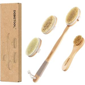 Dry Brushing Set - Natural Boar Bristle Body & Face Brush, Wooden Long Handle Scrub Brush for Cellulite & Lymphatic Drainage, Detachable, 3 Brush Heads