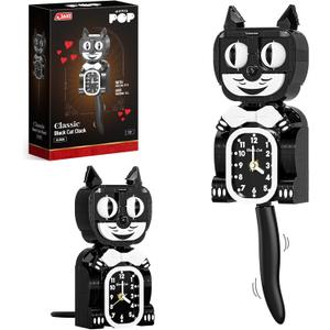 JAKI Black Cat Swing Clock Building Blocks Set,Cat Clock with Moving Eyes and Tail, Battery Operated Wall Clock,Home Decoration and Collectible for Adults & Kids 12+
