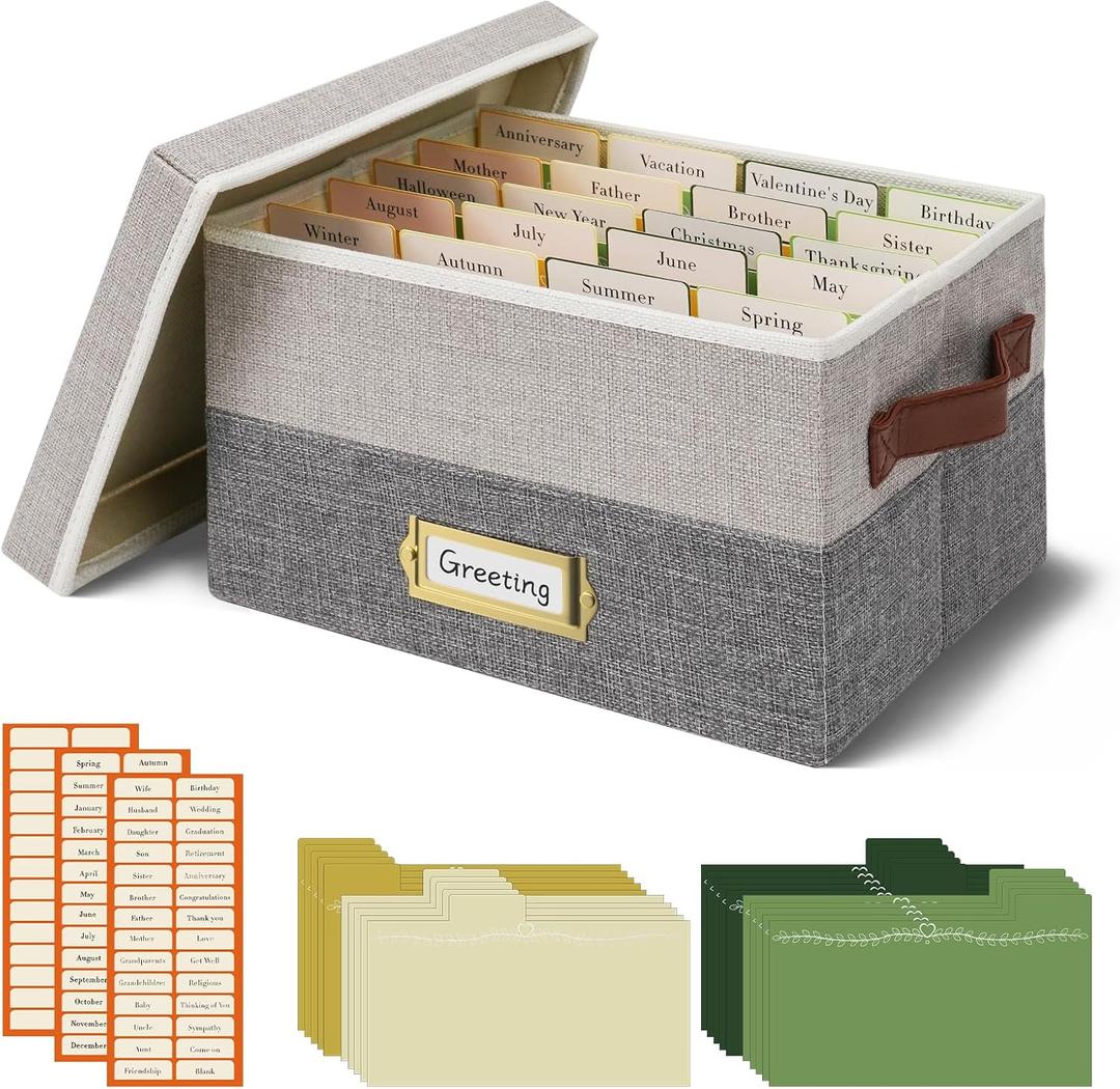 Vienrose Greeting Card Organizer Box with 20 Removable Dividers, 84 Labels, Large Foldable Storage Box for Photos, Postcards, Stickers & Keepsakes, Portable Linen Organizer, Light Grey&Dark Grey