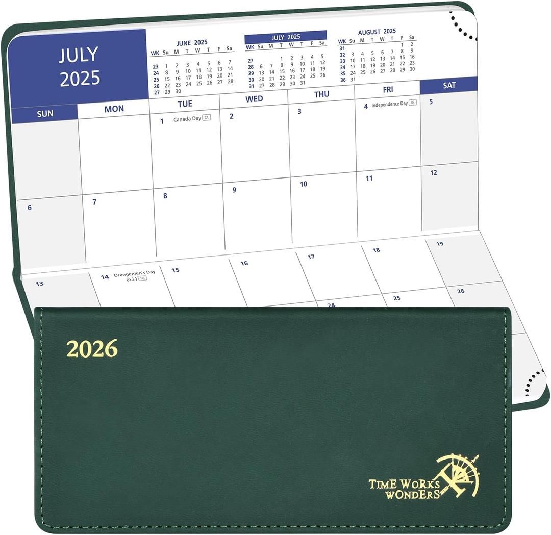 POPRUN Pocket Monthly Calendar 2025-2026, Slim Size 3.25" x 6.75", 18-Month Small Monthly Planner with Tear-Off Corners for Purse, PU Leather Softcover - Forest Green