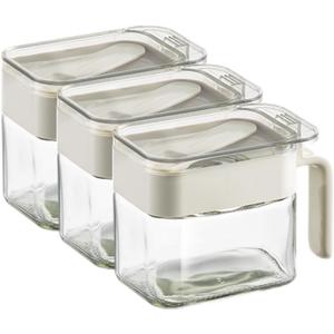 Condiment Jar Spice Container, Sugar and salt container setGlass Seasoning Box with Spoon Dustproof Lid and Handle,for Kitchen, Counter,Food Storage,10oz Set of 3(grey)