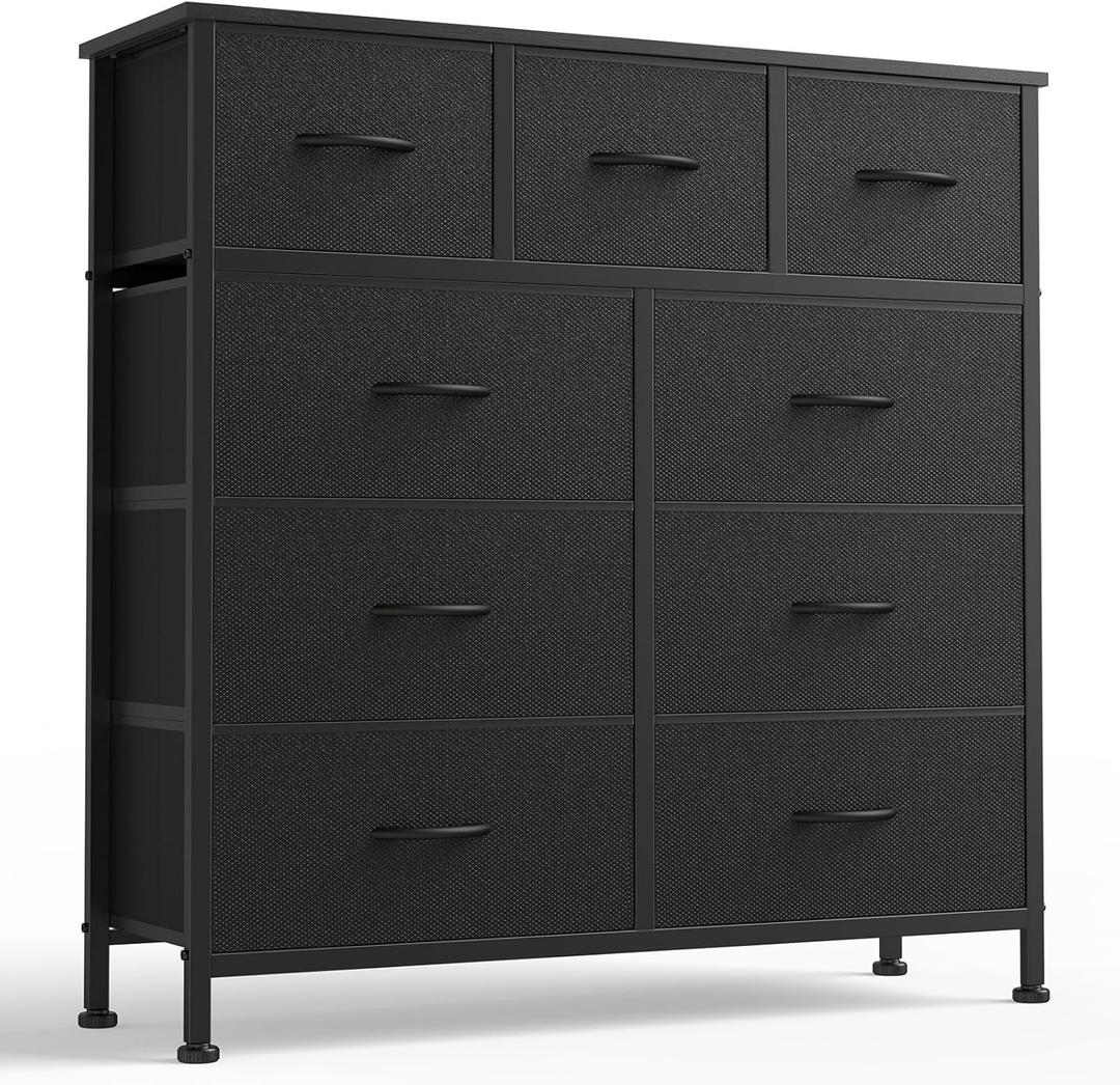 DUMOS 9 Drawer Dresser for Bedroom, Fabric Storage Organizer with Sturdy Metal Frame, Wooden Top Chest of Drawers for Closet Entryway Guest Room,Matte Black, Size: 11.8"D x 39.4"W x 39.4"H (9 Drawers)