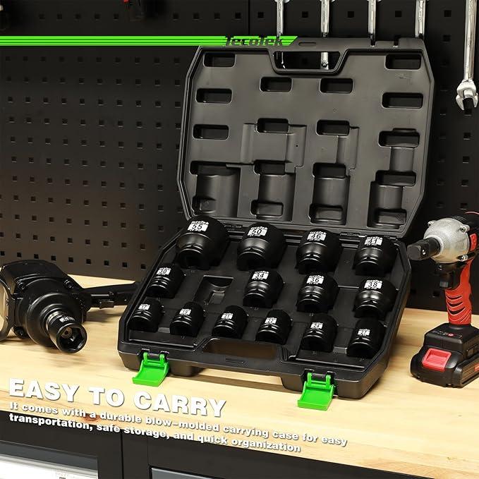 3/4" Drive Shallow 6-Point Impact Socket Set, 15-Piece Heavy Duty Impact Socket Set, CR-MO, Metric (17mm to 55mm), Enhanced Storage Case