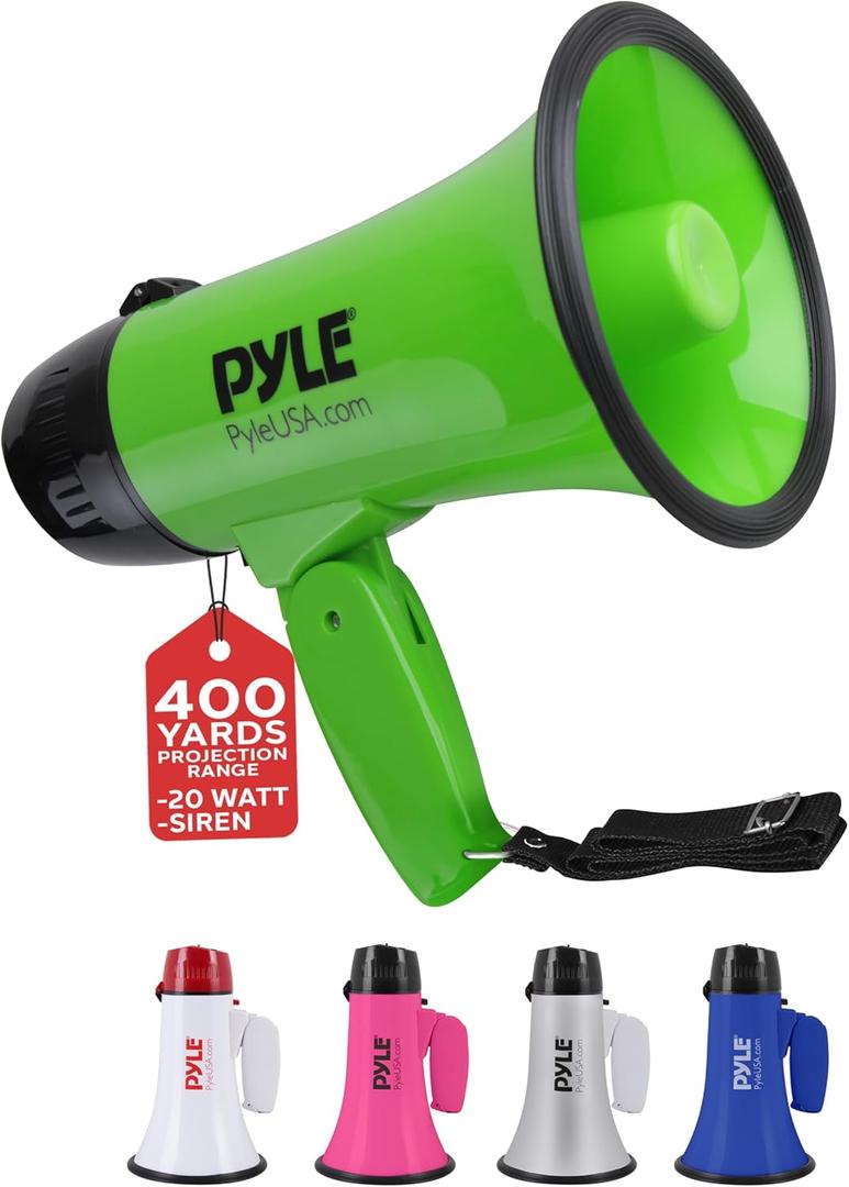 Pyle Portable Megaphone Speaker Siren Bullhorn - Compact and Battery Operated with 20 Watt Power, Microphone, 2 Modes, PA Sound and Foldable Handle for Cheerleading and Police Use - Pyle PMP22GR,Green
