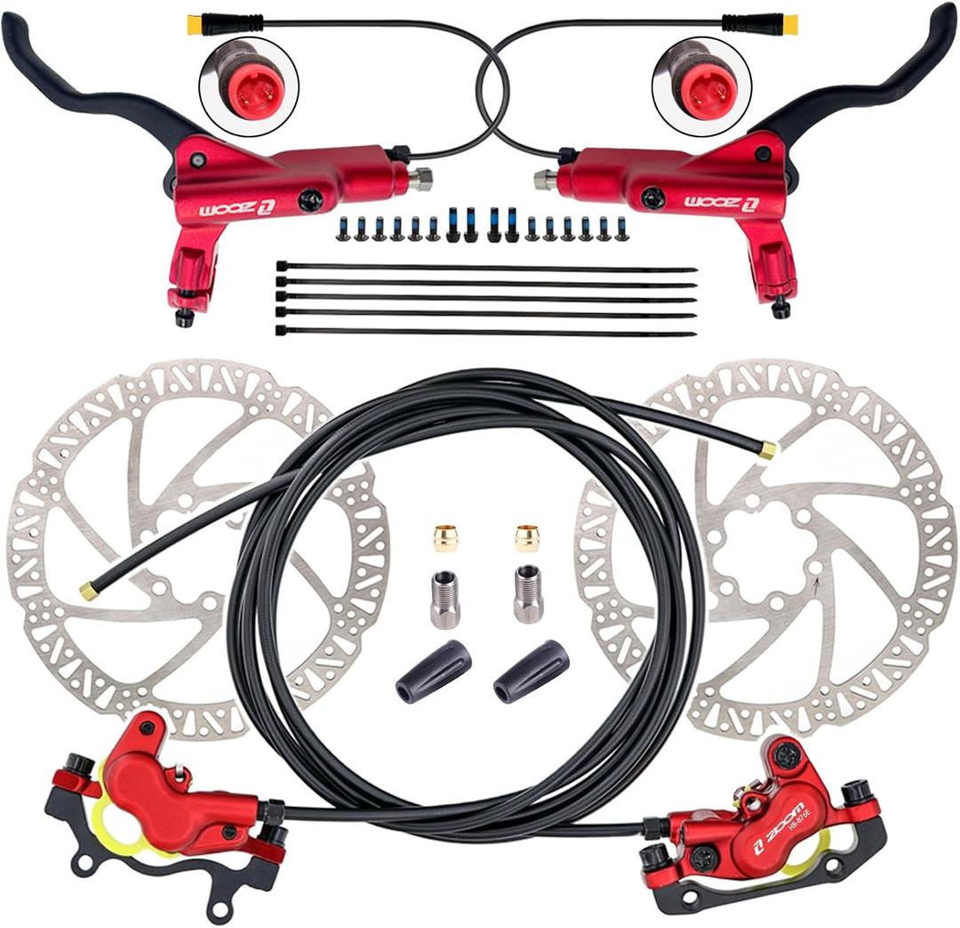 Zoom HB876E 2-PIN/3-PIN 4-Pistons E-Bike Electric Power-Off Hydraulic Brake Set with 180mm Rotors, Pre-Bled Hydraulic Disc Brake Caliper Lever for eBike (Included Mounting Adapter)