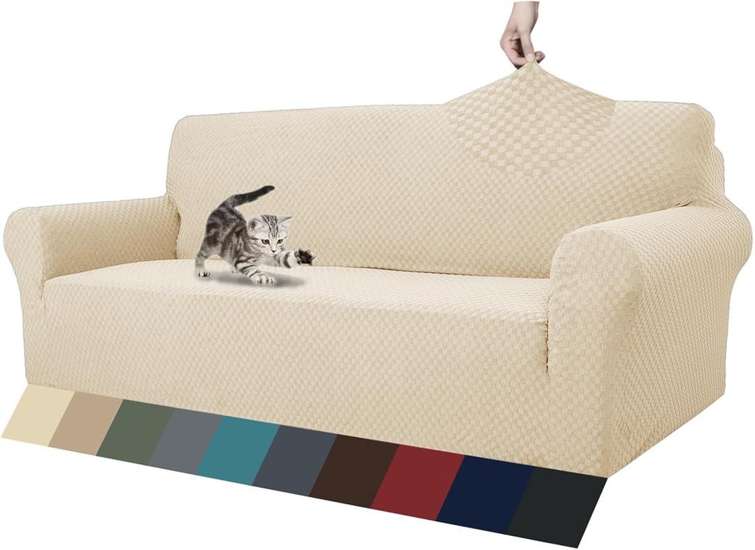 ZNSAYOTX 1 Piece Jacquard Couch Covers for 3 Cushion Couch Living Room High Stretch Sofa Cover Pets Dogs Friendly Anti Slip Thickened Slipcovers Furniture Protector (Sofa, Light Biege) (Large (71"-90"), Light Beige)