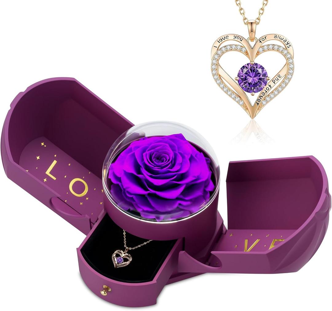 Preserved Purple Rose with Heart Necklace, Eternal Real Rose Flowers, Romantic Rose Gifts for Women, Mom, Wife, Grandma, Girlfriend, Birthday, Anniversary, Mothers Day(Purple)