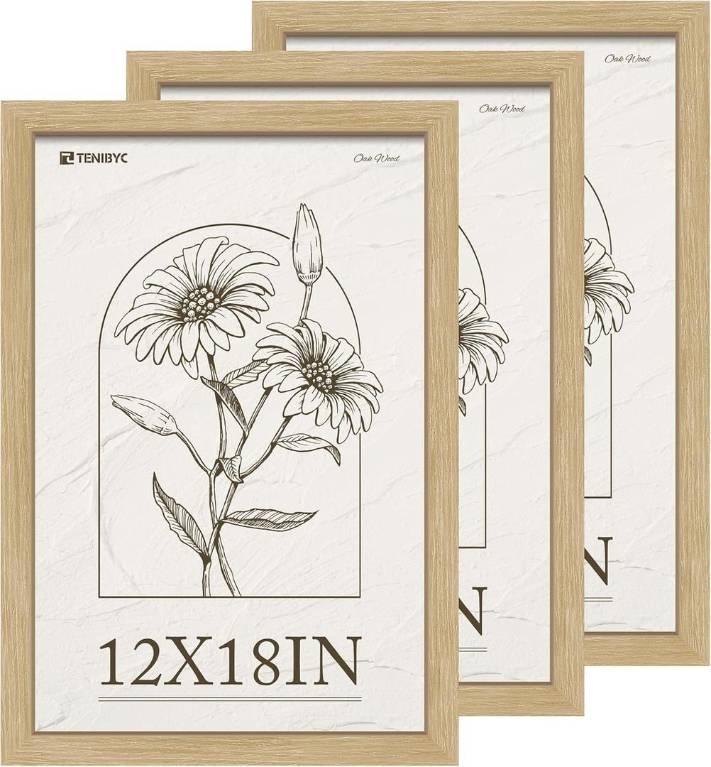 12x18 Frame Set of 3, Natural Oak Wood Picture Frame 12x18 for Photos, Posters and Art Prints, HD Tempered Glass, Wall Hanging