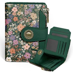 Icycay Floral Flowers Small Wallet Women RFID Blocking Bifold, Credit Card Holder, Zipper Coin Pocket, PU Leather, Compact, Travel, 4 ID Window, 14 Card Slots, Cash Purse, Ladies Woman Female Girls