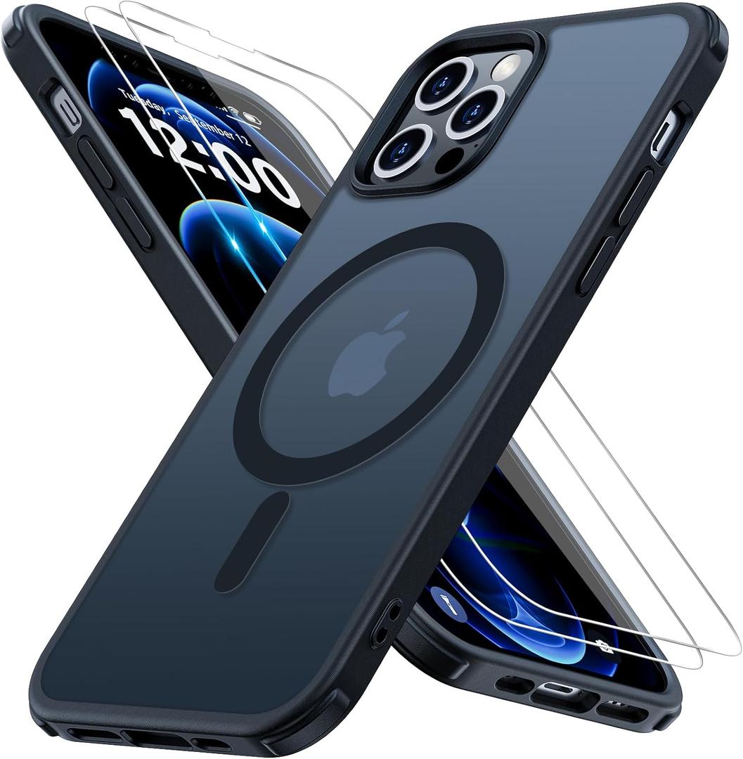 Magnetic for iPhone 12 Case/iPhone 12 Pro Case [Compatible with MagSafe] with 2X Screen Protector, Military-Grade Slim Shockproof Translucent Phone Cover for iPhone 12/12 Pro 6.1inch, Black