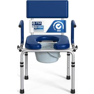 Drop Arm Bedside Commode, Commode Toilet with Padded Seat and Backrest, 400lbs Capacity, 6.3QT Removable Bucket and Splash Guard, Adjustable Height Portable Toilet for Adults, Blue