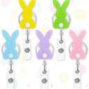 FYSUIMU 10 Pcs Easter Bunny Badge Reels with Clip Retractable Pastel Spring Rabbit ID Badge Holder Glitter Acrylic Name Tag Clips for Teacher Nurse Office Staff
