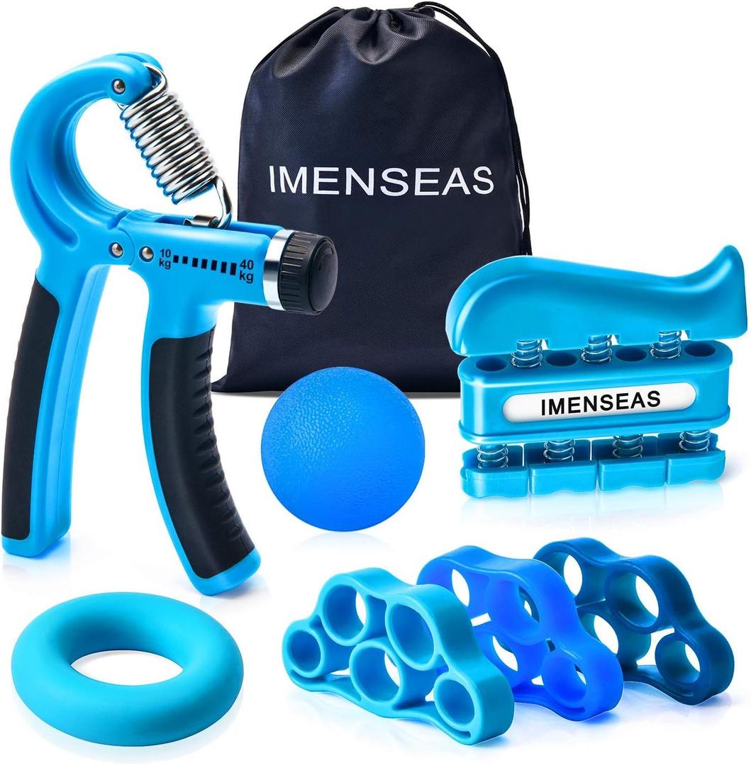Grip Strength Trainer 7 Pack Adjustable, Finger Stretcher Resistance Extensor Bands, Finger Exerciser, Hand Gripper Strength Ring & Stress Ball (Blue)