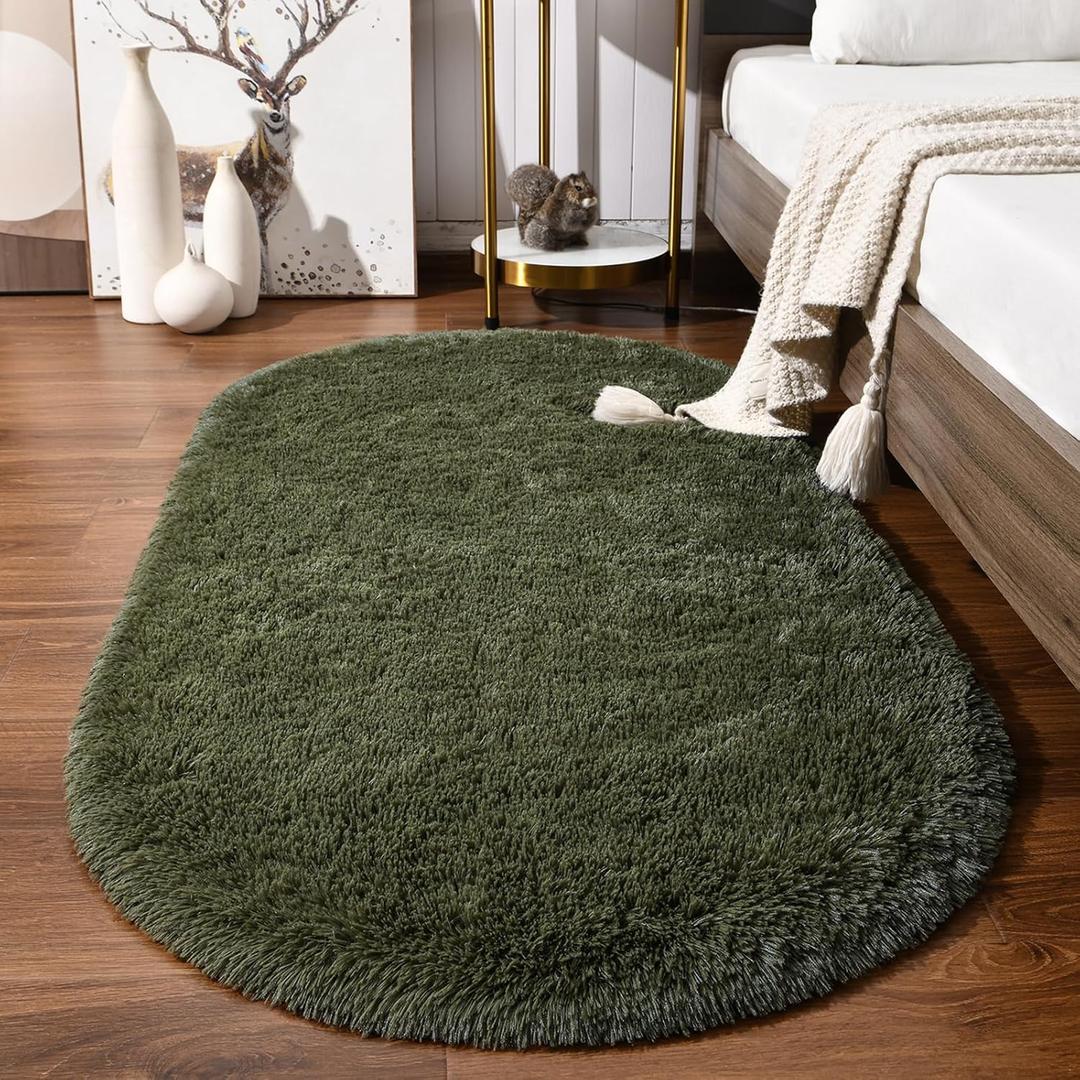 Softlife Fluffy Rugs for Bedroom, Shag Cute Area Rug for Girls/Boys and Kids Baby Room Home Decor, 2.6 x 5.3 Feet Oval Indoor Carpet for Nursery Dorm Living Room, Olive Green