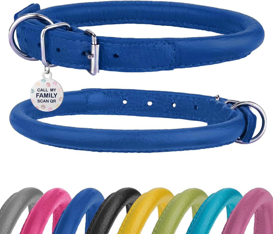 Rolled Leather Dog Collar Soft Round Collars, ID Tag for Small Medium Large Dogs (9-12 inch, Royal Blue)