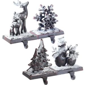 Cast Iron Christmas Stocking Holders for Mantel,Set of 4 Stocking Holder Set for Fireplace-Double Snowflake Snowman Reindeer Christmas Tree Stocking Hangers-Metal Fireplace Hooks (Set of 4 Black)