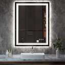 LED Mirror, 28x36 Inch Gradient Front and Backlight Lighted Mirror, 3 Colors Dimmable CRI>90 Double Lights, IP54 Enhanced Anti-Fog, Hanging Plates Wall Mount LED Bathroom Mirror
