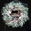 24 Inch Winter Wreaths for Front Door Outside- Pinkpuii Artificial Outdoor Christmas Wreath with Pinecones,White Berries and Welcome Sign,Xmas Holiday Winter Decorations for Home Farmhuse Door Decor