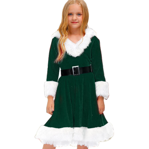 Kid Little Girls Christmas Outfit Santa Claus Velvet Lapel Long Sleeve Dress Princess Party Layered Dresses with Belt (Green, 3-4 Years)
