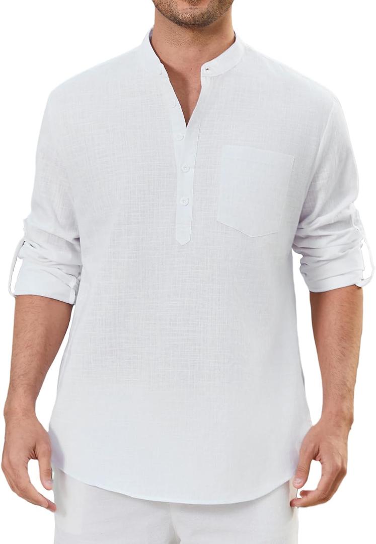 Enlision 103H Men's Long Sleeve Linen Henley Shirt Quick-Drying Stylish Casual Shirt for Daily Wear Summer Vacation (White, S)