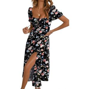 BLENCOT Womens Casual Summer Square Neck Short Sleeve Split Thigh Cotton Dress Boho Floral Print Tie Front Midi Dresses (Black, L)