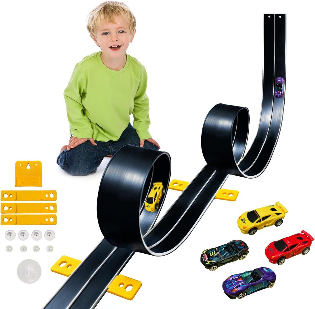 15 Ft Flexible Race Car Track for Kids,Flex Track Starter Set Compatible with Hot Wheels and Diecast 1/64th Cars,Portable Racetrack Roll Up Race Track with 4 Racecars and Suction Cups (Black)