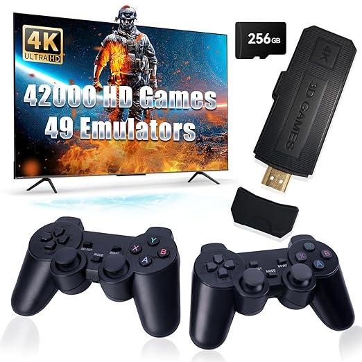 GWALSNTH 42000 Games in 1 Retro Game Stick, Wireless Mini Retro Game Console with 256GB SD Card, Built in 49 Emulators, Two 2.4GHz Bluetooth Wireless Controllers, 1280*720 4K Full HD Output
