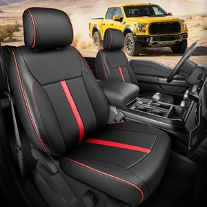Faux Leather Front Seat Covers for Ford F150 2015–2025 2026 (XL, XLT, Not Regular Cab), Exact Fit 1st Row Bucket Seat Protectors,Truck Interior Accessories for F-150 Black/Red