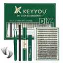 KEYYOU Lash Extension Kit DIY 300Pcs Lash Clusters Kit 40D 0.07 D Curl 9-18MIX Eyelash Extension Kit Individual Lashes Kit with Lash Bond and Seal, Lash Tweezers and Remover for Self Use