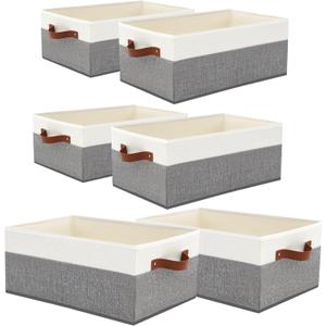 6 Pack Closet Storage Bins, Storage Baskets for Shelves, Linen Closet Organizers and Storage with Leather Handles for Clothes,Towels, Sheets, Jeans, Toys, Books (Grey and White)