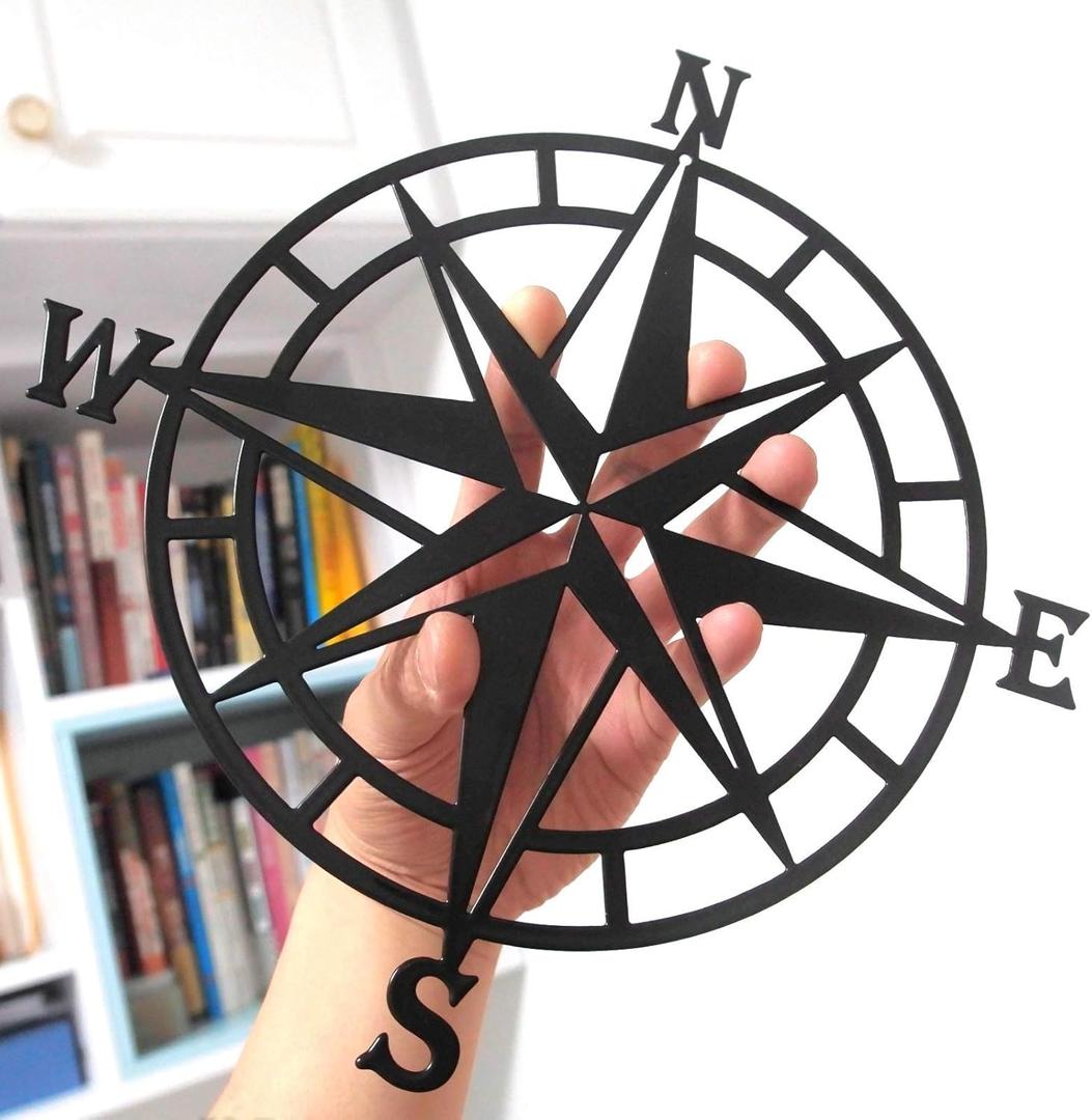11 Inches Metal Decorative Nautical Compass Wall Decor, Living Room Bedroom Office Porch Garden Patio Signs Wall Hanging Art Beach Theme Home Decoration (Black)