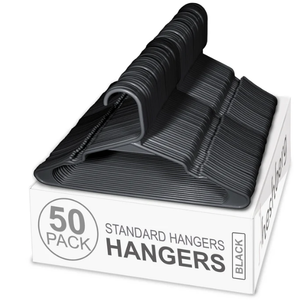 Heshberg Home Plastic Hangers 50 Pack with Hooks - Space Saving Tubular Clothes Hangers Standard Size Ideal for Everyday Use - Black