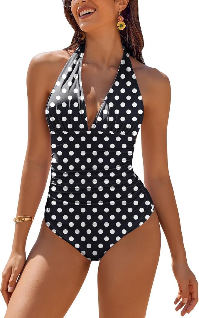 AI'MAGE Women's One Piece Swimsuit Tummy Control Halter Ruched Bathing Suits (Large, Polka Dots)