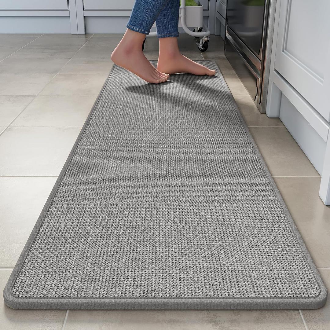 Kitchen Runner Rugs Non Slip Washable, Linen-Like 0.3" Thick Cushioned Absorbent Kitchen Mats for Floor, Mild Anti-Fatigue Long Sink Floor Mat Laundry Standing Mat, Easy Clean, Gray 17"x59"