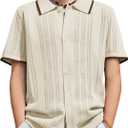 Arshiner Boys Button Down Shirt Short Sleeve Knit Shirt Summer Vintage Fashion Casual Beach Shirts for Kids 7-8 Years (Beige)