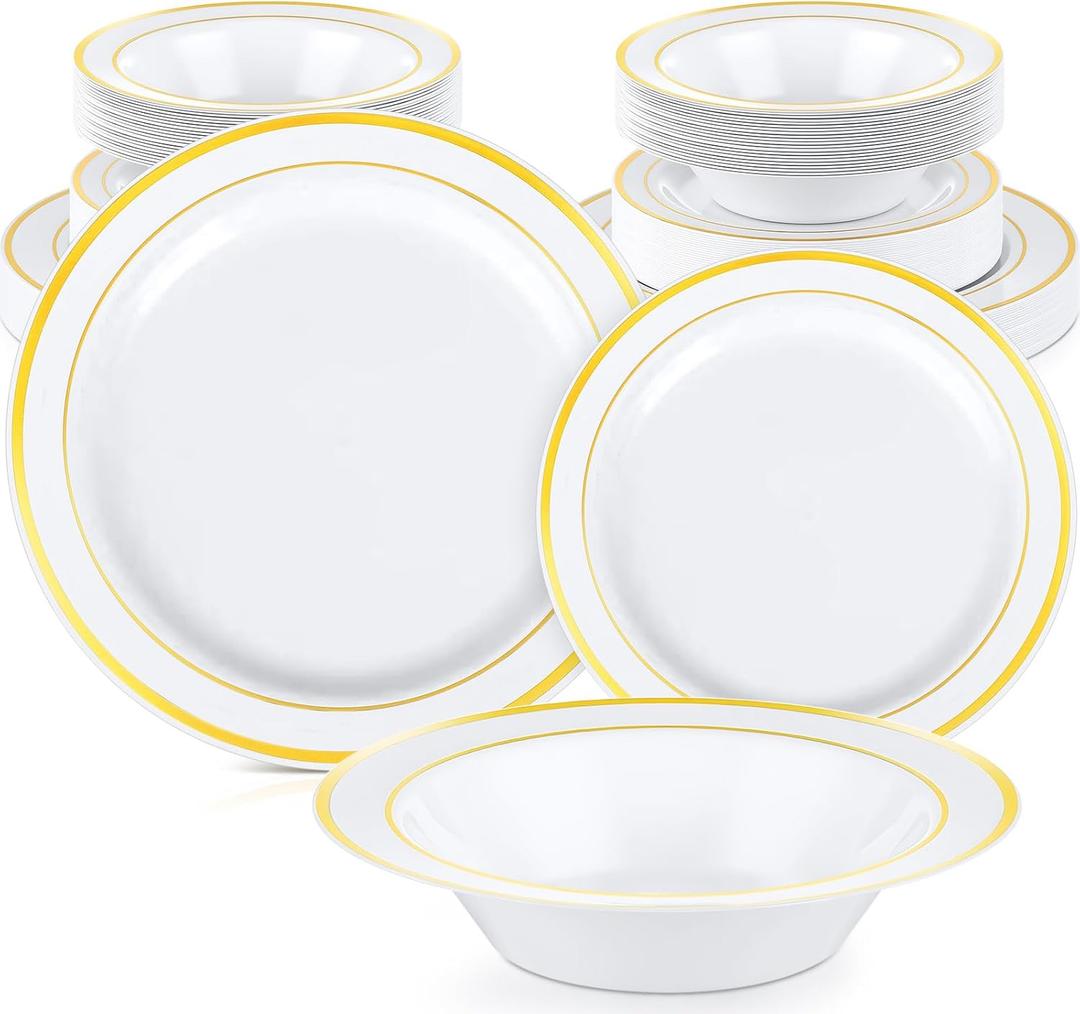 Havawish 150 Pcs Gold Disposable Plastic Plates and Bowls sets for 50 Guests, Dinnerware Set with Gold Rim 50 Plates 50 Dessert Plate 50 Blows for Wedding Anniversary Birthday Valentines Day
