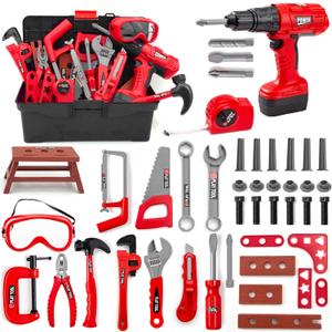 Kids Tool Set  48 Piece Toddler Tool Set with Electronic Toy Drill& Tool Box,Pretend Play Toys for Kids,Construction Kits Toys for Kids Ages 3 4 5 Years Old, Toddler Boy (Red)