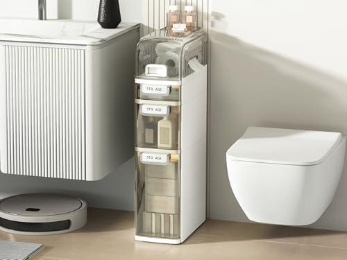 Seeday 3 Tier Slim Bathroom Storage Cabinet, Narrow Organizer with Wheels and Toilet Paper Holder, Waterproof, No Assembly Required, Perfect for Small Spaces in Bathroom, Kitchen and Bedroom