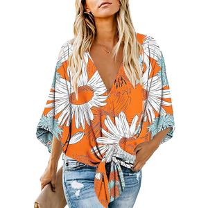 Women's Casual Floral Blouse Batwing Sleeve Loose Fitting Shirts Boho Knot Front Tops (X-Large, Yellow)