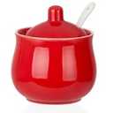 Ceramic Sugar Bowl with Lid and Spoon, Red Porcelain Sugar Salt Pepper Storage Jar, 7 Ounces