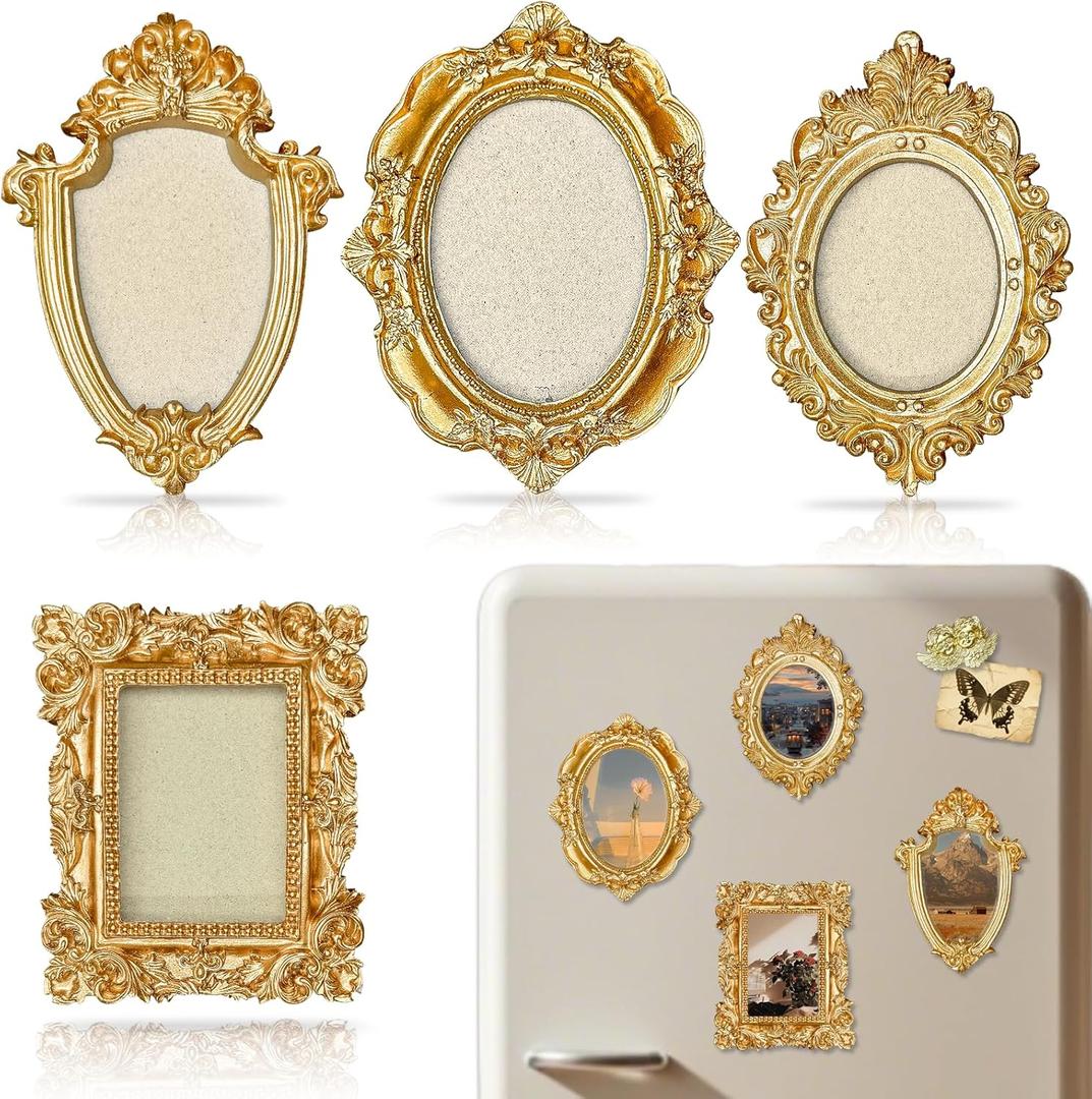 4 Pcs Small Magnetic Picture Frames for Refrigerator, Vintage Mini Gold Frames with Hooks and Rope for Hanging - A Baroque Victorian Decor Set with Small Angel - Elegant Miniature Art for Fridge, Gallery Wall, Shelf Display