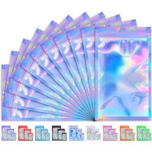 100 PCS Holographic Bags for Lashes, Press On Nails, Candy, Small Baggies Sample Bag Smell Proof Packaging Bag for Jewelry, Resealable Bags for Small Business, Food Storage Bags (7.9x11.8in)